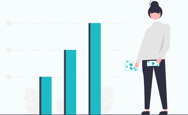 Person with money and chart behind her